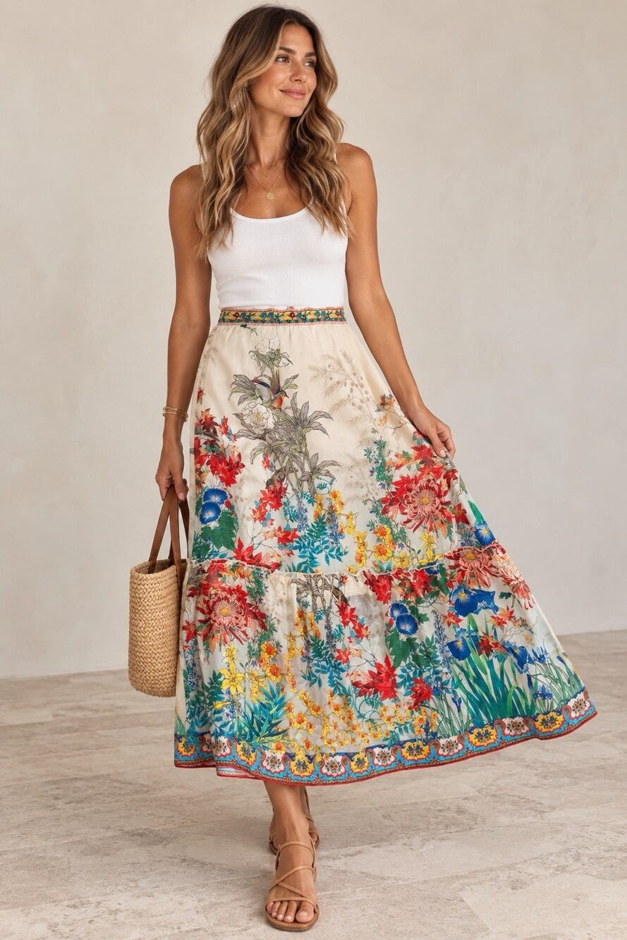 GORGEOUS!!! Johnny Was Silk Floral Maxi Skirt - Size Large L Bohemian Workwear